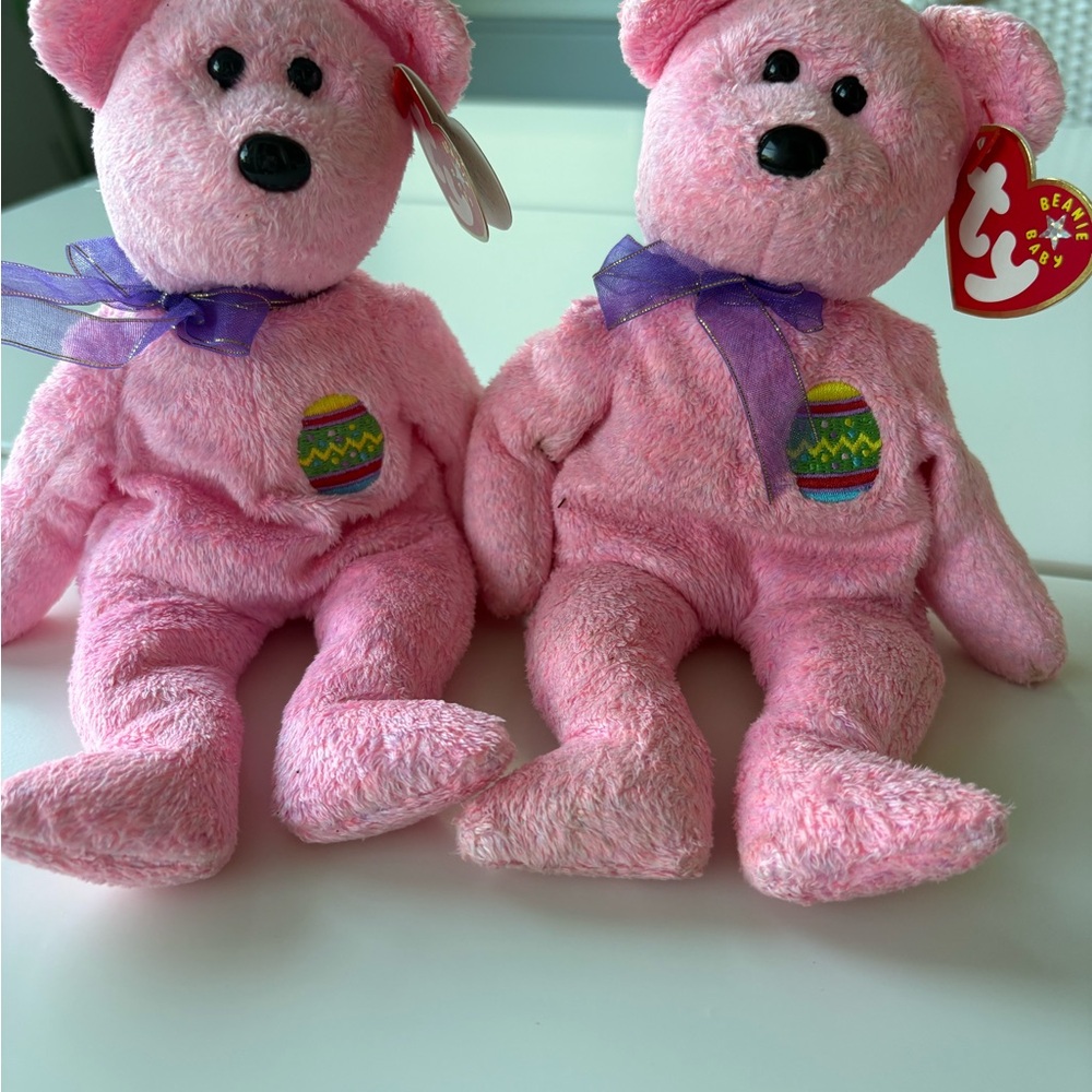Ty Pink Stuffed Bear with Easter Egg and Purple Ribbon-Eggs 2000